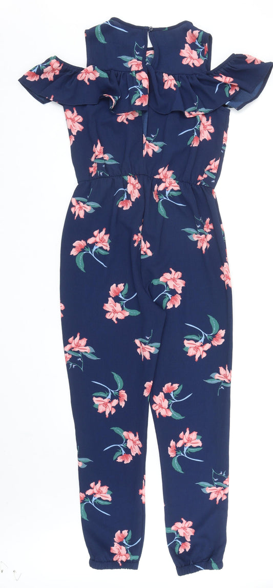 Primark Girls Blue Floral Polyester Jumpsuit One-Piece Size 13-14 Years L28 in Button - Cold Shoulder