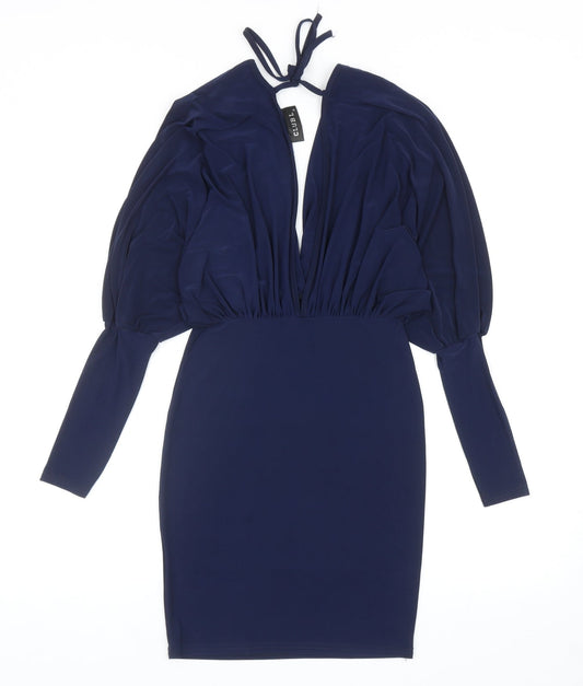 Club L Womens Blue Polyester Bodycon Size 8 V-Neck Tie