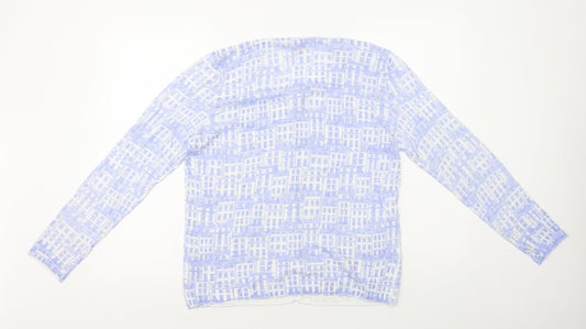 DASH Womens Blue Round Neck Geometric Ramie Cardigan Jumper Size 14