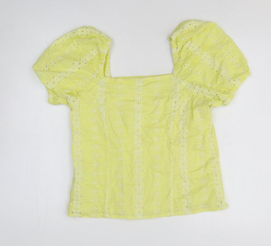 Papaya Womens Yellow Floral Cotton Basic T-Shirt Size 8 Square Neck