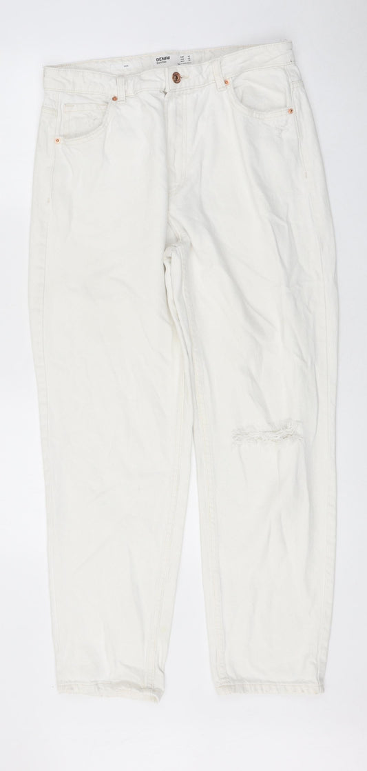 Womens UK Size 10 Bershka Regular Fit Straight White Jeans