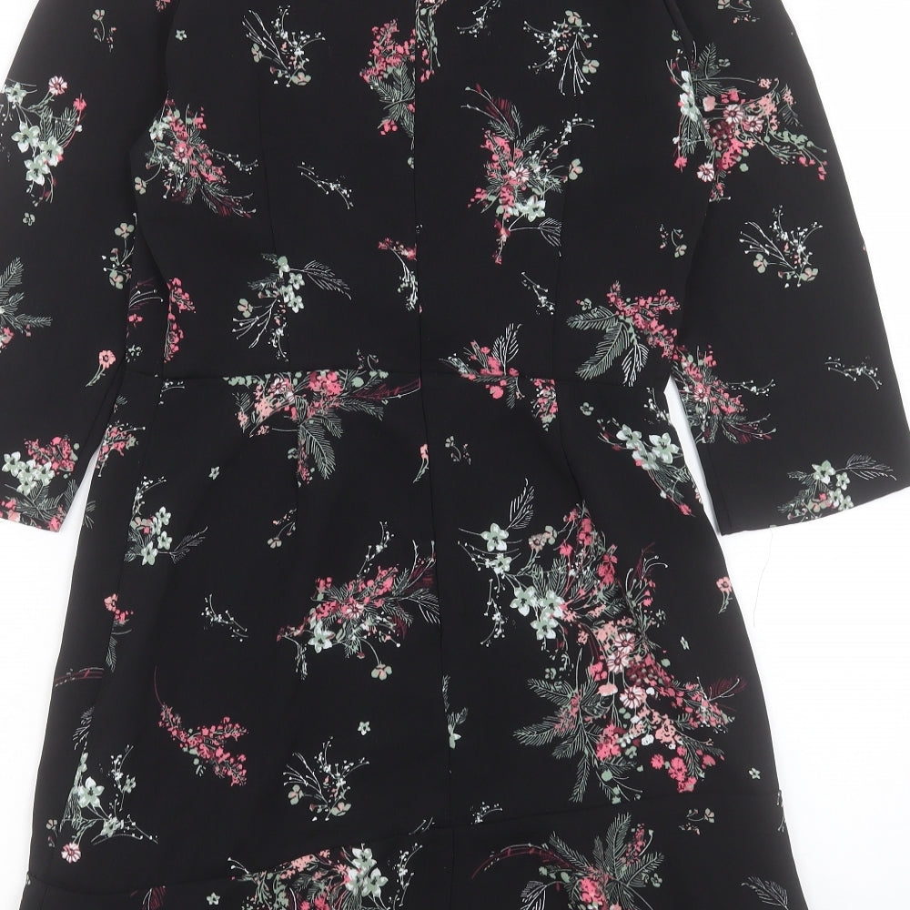 Warehouse Womens Black Floral Polyester A-Line Size 10 Crew Neck Zip