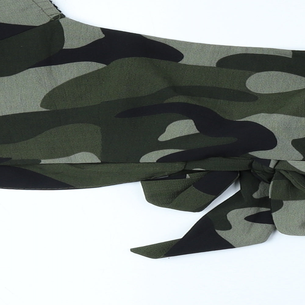 I SAW IT FIRST Womens Green Camouflage Polyester Cropped Blouse Size 6 Scoop Neck - Tie Front