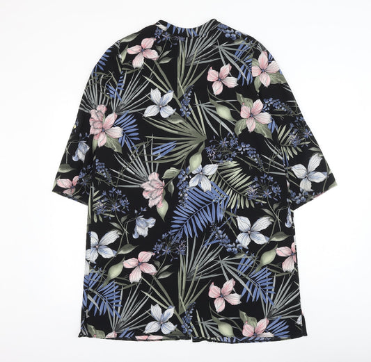 F&F Womens Black Floral Polyester Tunic Button-Up Size 14 V-Neck