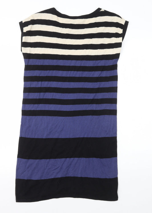 Warehouse Womens Blue Striped 100% Cotton Bodycon Size 8 Round Neck Pullover