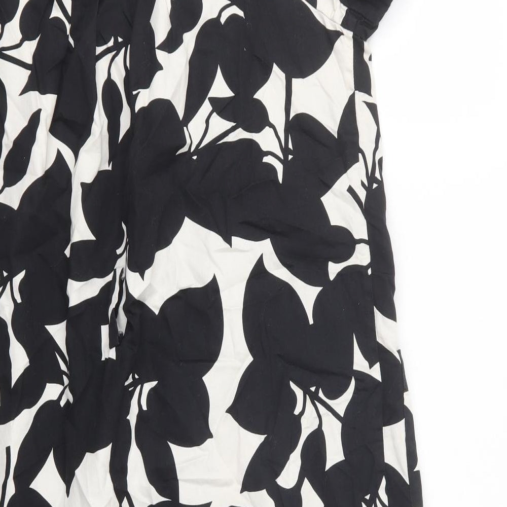 French Connection Womens Black Floral 100% Cotton Shirt Dress Size 8 Square Neck Button - Mustard hem on the bottom