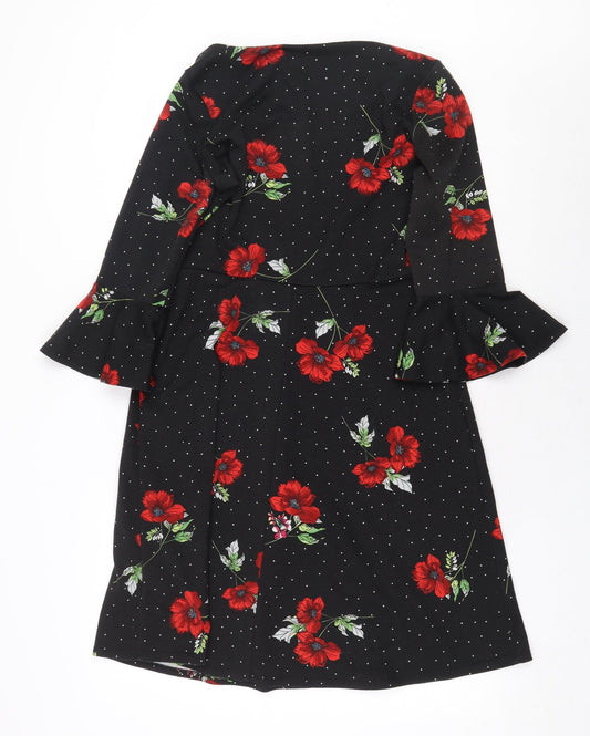 Paraphrase Womens Black Floral Polyester A-Line Size S Boat Neck Pullover