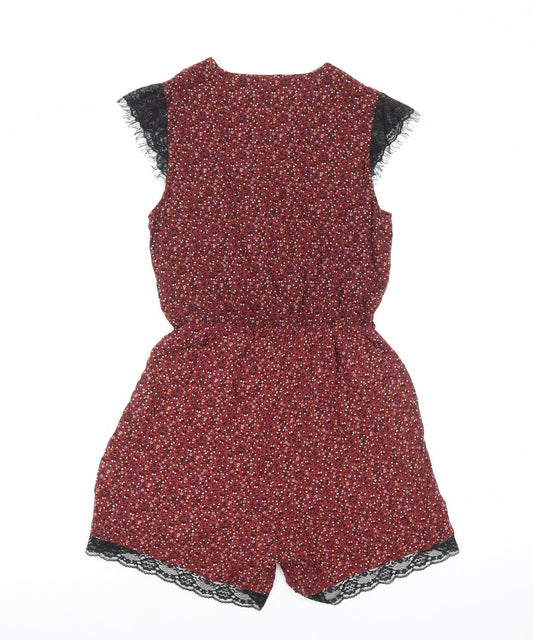 New Look Womens Red Floral Viscose Playsuit One-Piece Size 8 Pullover - Lace Trim