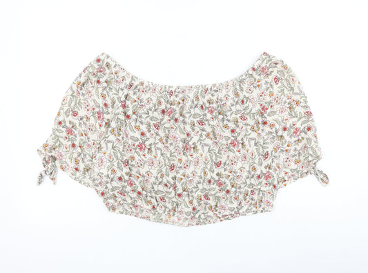 Matalan Womens Ivory Floral Viscose Cropped Blouse Size 14 Boat Neck