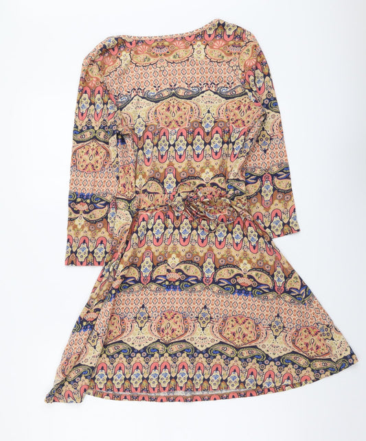 TU Womens Beige Geometric Cotton A-Line Size 10 Scoop Neck Pullover