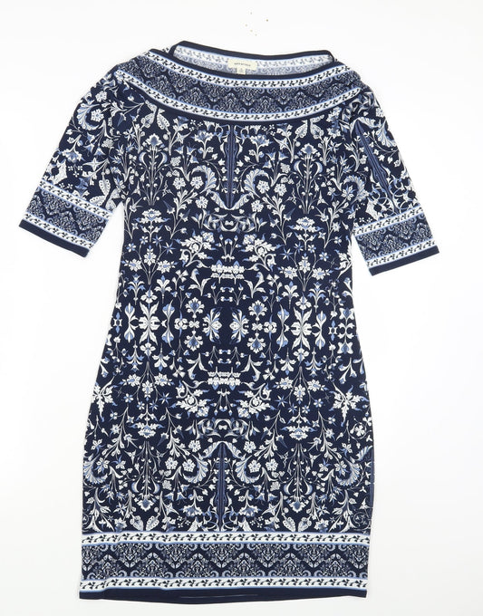 Max Studio Womens Blue Geometric Polyester Bodycon Size S Scoop Neck Pullover