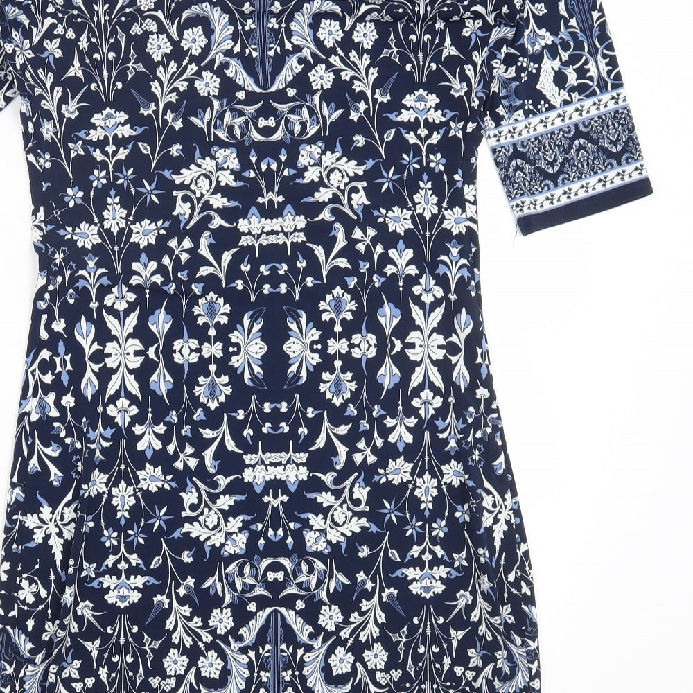 Max Studio Womens Blue Geometric Polyester Bodycon Size S Scoop Neck Pullover