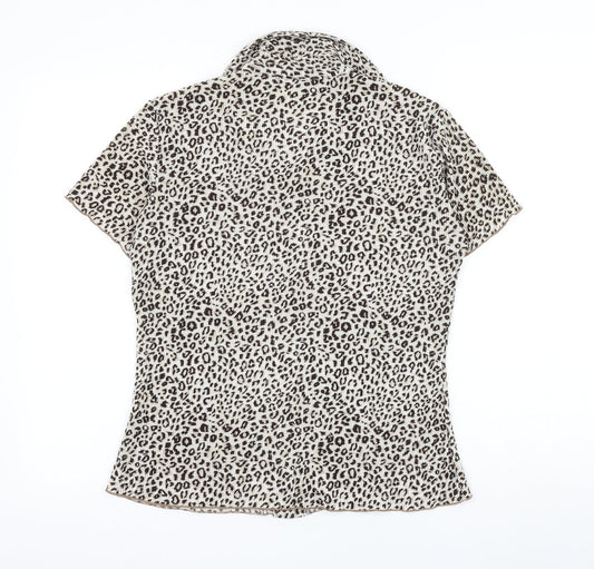 Autonomy Womens Brown Animal Print Polyester Basic Button-Up Size 10 Collared - Leopard Print