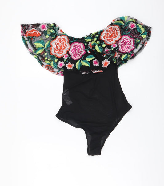 New Look Womens Black Floral Polyester Bodysuit One-Piece Size 8 Snap