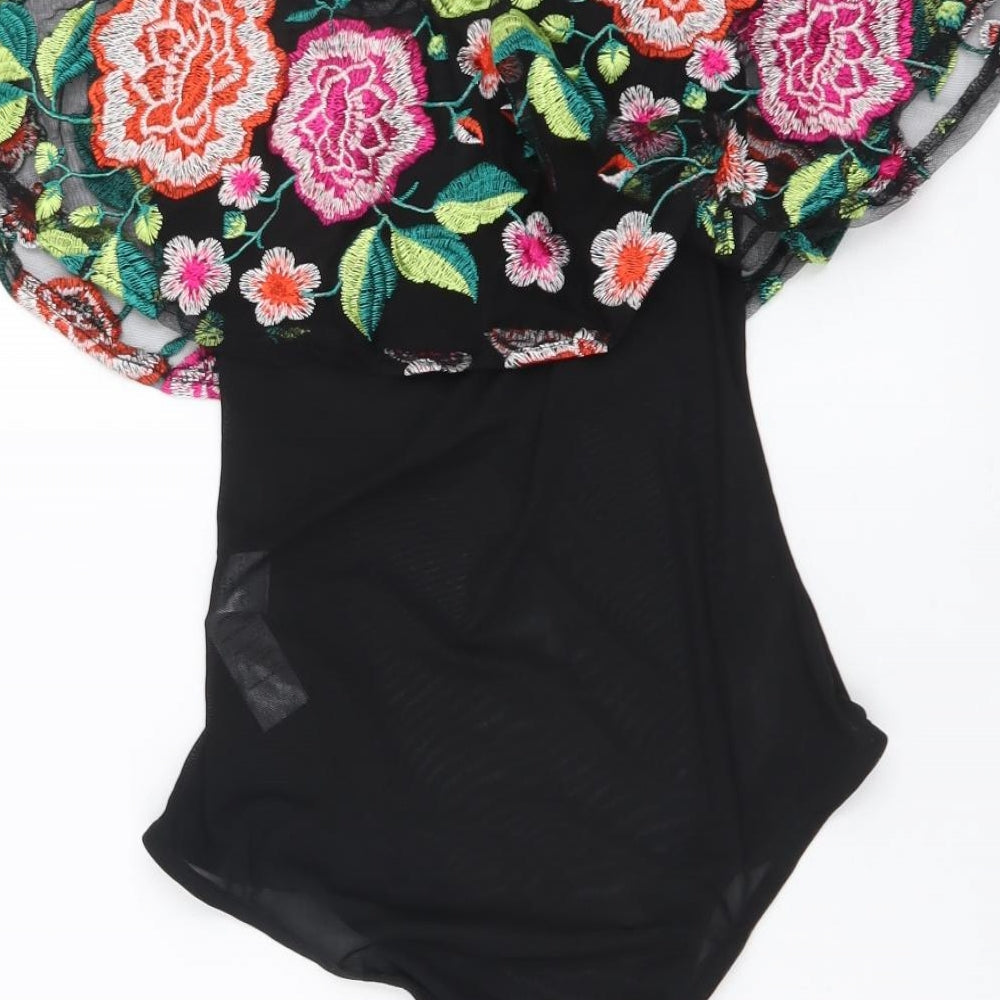 New Look Womens Black Floral Polyester Bodysuit One-Piece Size 8 Snap