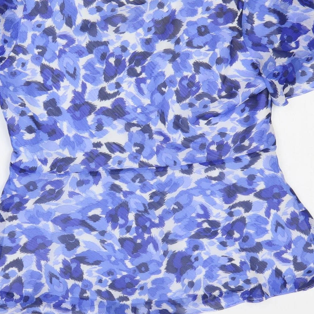 EWM Womens Blue Geometric Polyester Basic T-Shirt Size 14 V-Neck