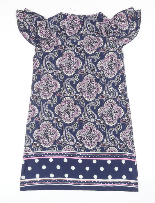 NEXT Womens Blue Paisley Polyester A-Line Size 10 Scoop Neck Button
