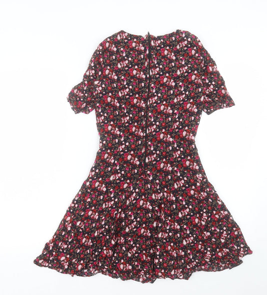 H&M Womens Pink Floral Viscose Fit & Flare Size 6 Round Neck Zip