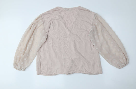 F&F Womens Pink Polka Dot Polyester Basic Blouse Size 10 V-Neck - See Through Sleeves