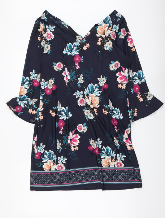 F&F Womens Blue Floral Polyester A-Line Size 12 V-Neck Pullover