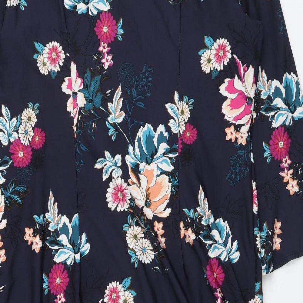 F&F Womens Blue Floral Polyester A-Line Size 12 V-Neck Pullover