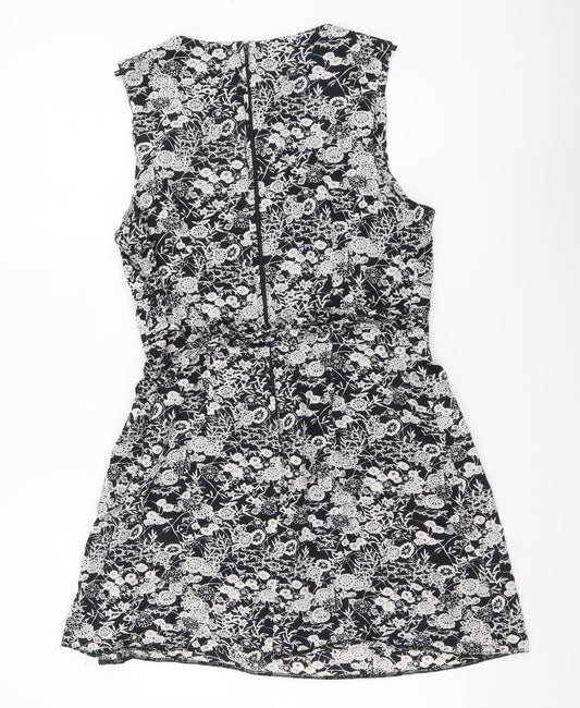 Dorothy Perkins Womens Black Floral Cotton A-Line Size 12 V-Neck Zip