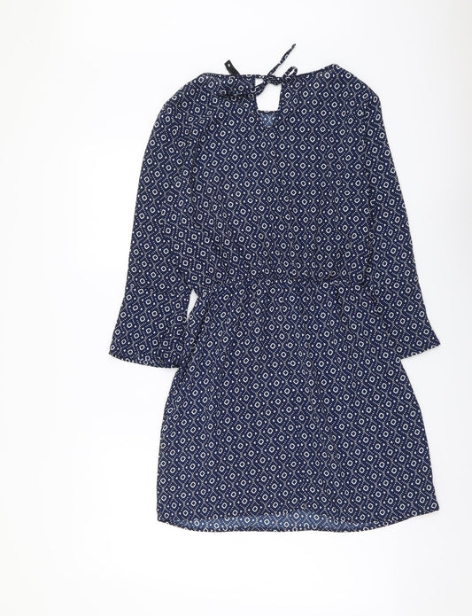 H&M Womens Blue Geometric Polyester Mini Size XS Round Neck Pullover