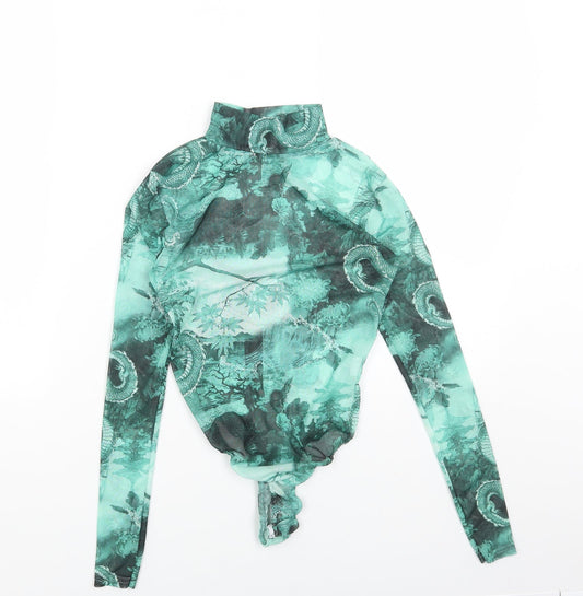 PRETTYLITTLETHING Womens Green Geometric Polyester Bodysuit One-Piece Size 6 Snap