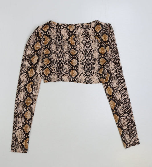 SheIn Womens Brown Animal Print Polyester Cropped T-Shirt Size XS V-Neck - Cut Out