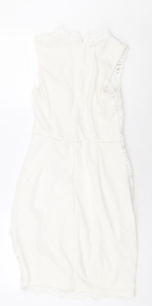 Quiz Womens White Floral Polyester Bodycon Size 6 Mock Neck Zip