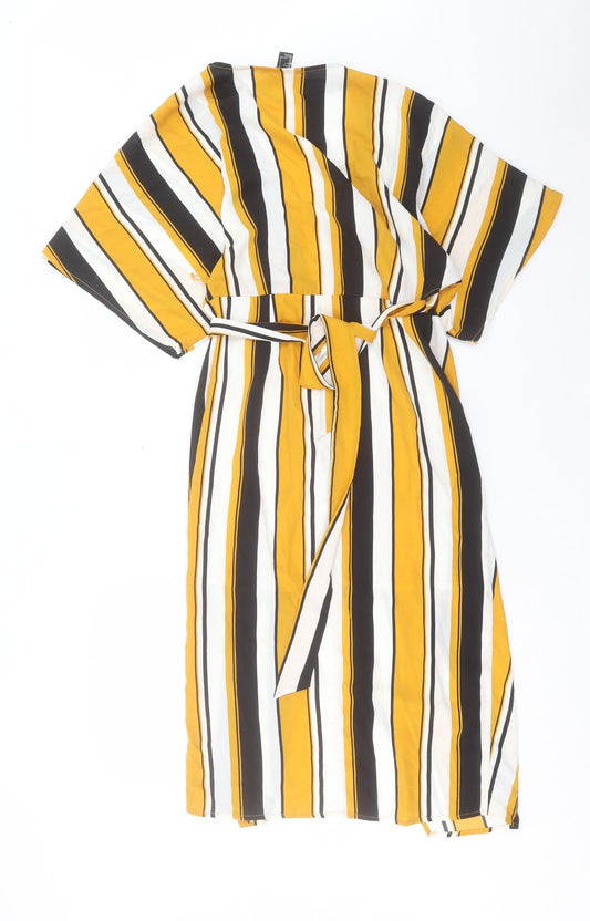 FOREVER 21 Womens Yellow Striped Polyester Wrap Dress Size S V-Neck Tie