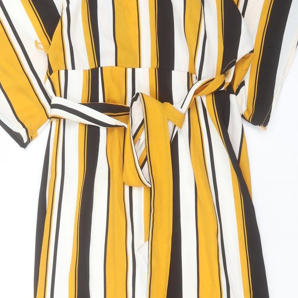 FOREVER 21 Womens Yellow Striped Polyester Wrap Dress Size S V-Neck Tie