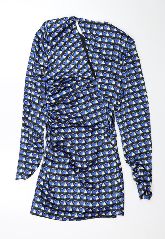Zara Womens Blue Geometric Polyester Mini Size S Scoop Neck Zip