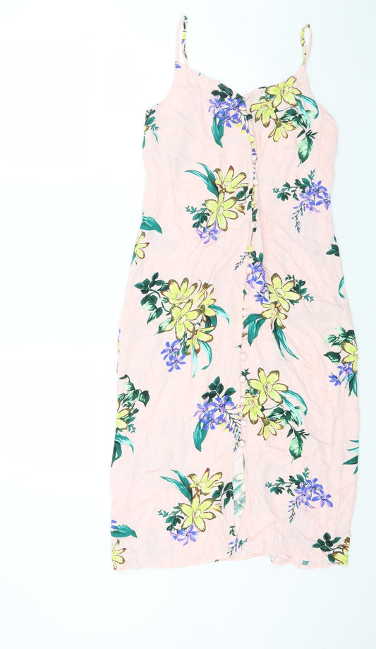 TU Womens Pink Floral Viscose Slip Dress Size 8 Scoop Neck Button