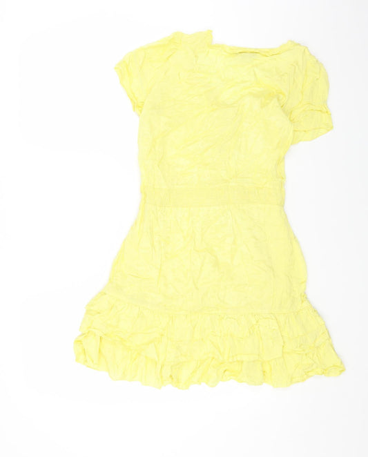 Miss Selfridge Womens Yellow Viscose Fit & Flare Size 12 Scoop Neck Button