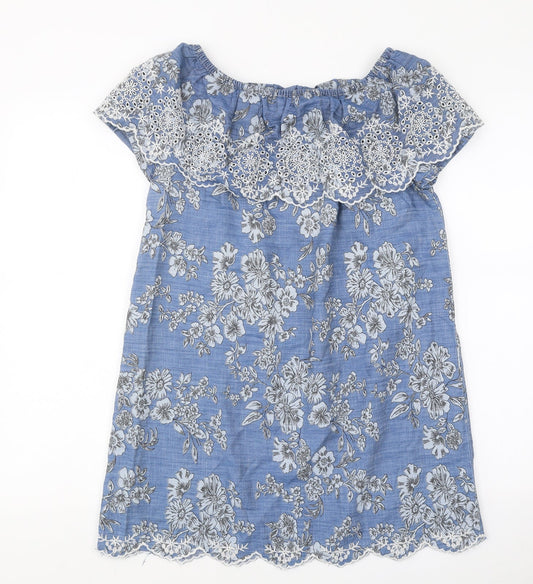 TU Womens Blue Floral 100% Cotton Mini Size 8 Off the Shoulder Pullover