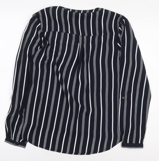 Avenue Womens Blue Striped Polyester Basic Blouse Size 8 V-Neck