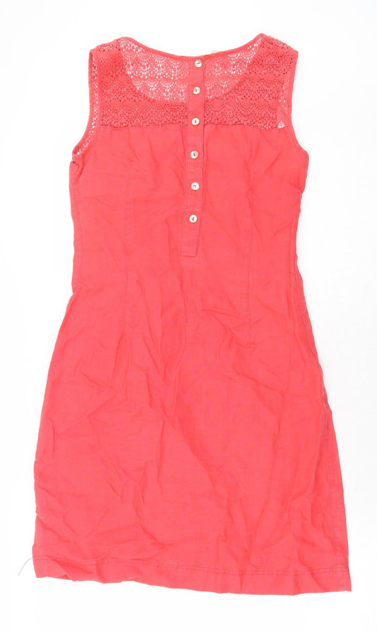 Monsoon Womens Red Geometric 100% Cotton Pencil Dress Size 8 Scoop Neck Button