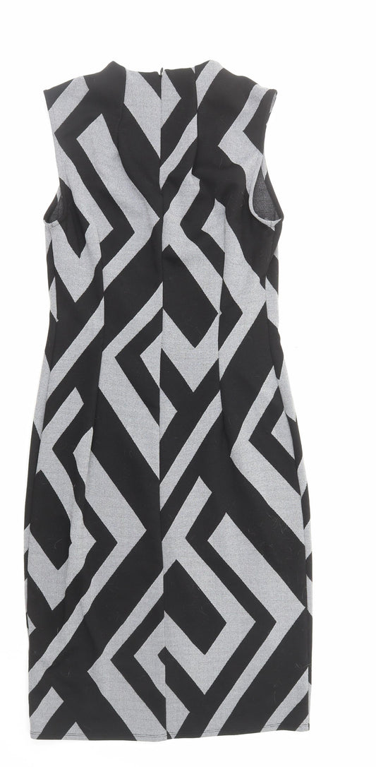 Principles Womens Black Geometric Polyester A-Line Size 12 Mock Neck Zip