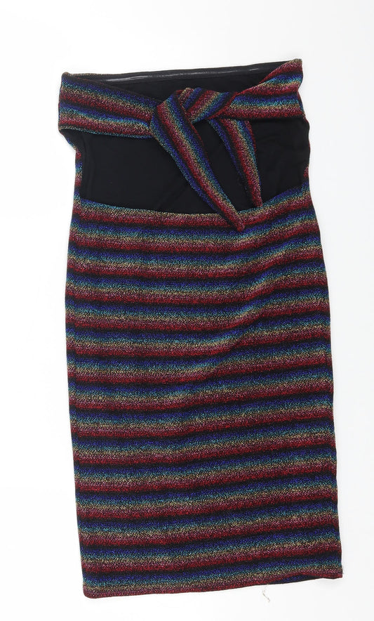 Topshop Womens Multicoloured Striped Nylon Bodycon Size 10 Off the Shoulder Pullover