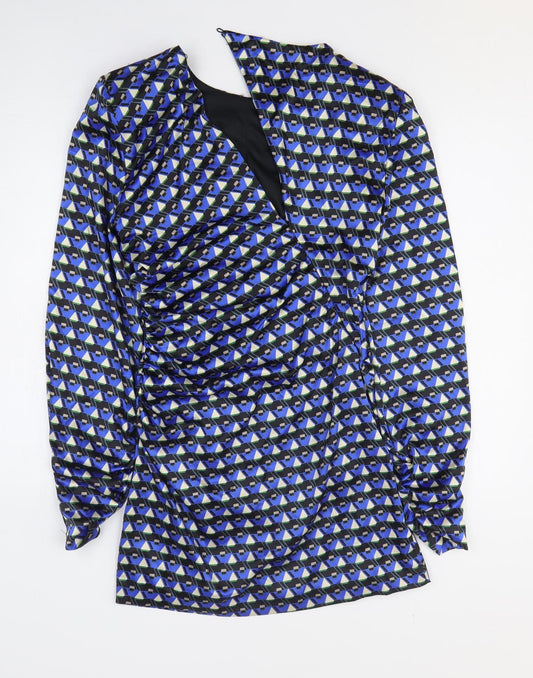 Zara Womens Blue Geometric Polyester A-Line Size M Off the Shoulder Zip