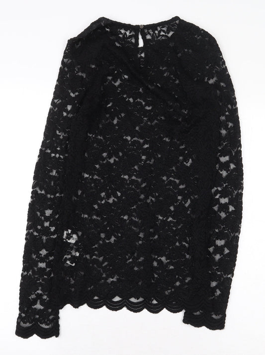 FOREVER 21 Womens Black Floral Nylon Basic Blouse Size M Boat Neck