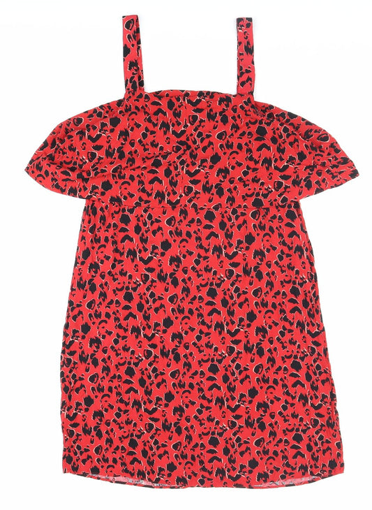 Peacocks Womens Red Animal Print Viscose Tank Dress Size 12 Square Neck Pullover