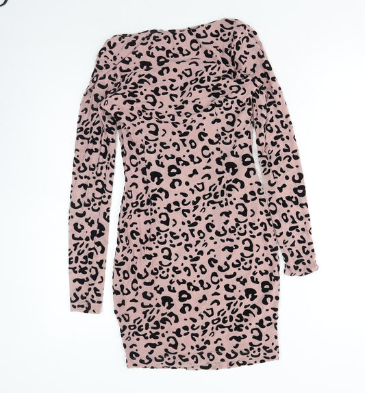 Naanaa Womens Pink Animal Print Viscose Mini Size 8 Round Neck Zip