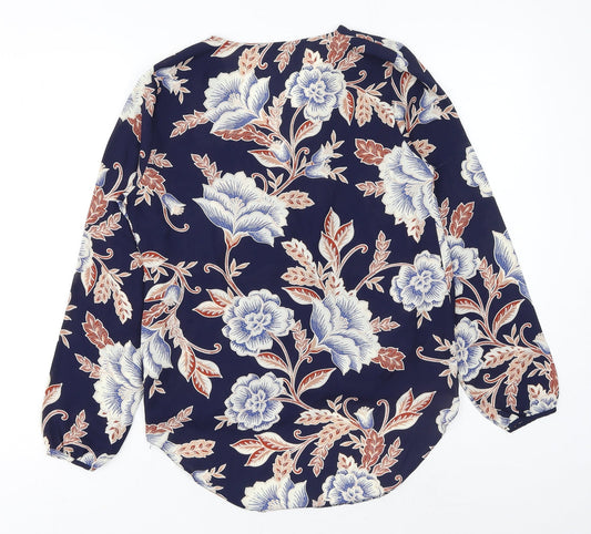 George Womens Blue Floral Polyester Wrap Blouse Size 10 V-Neck