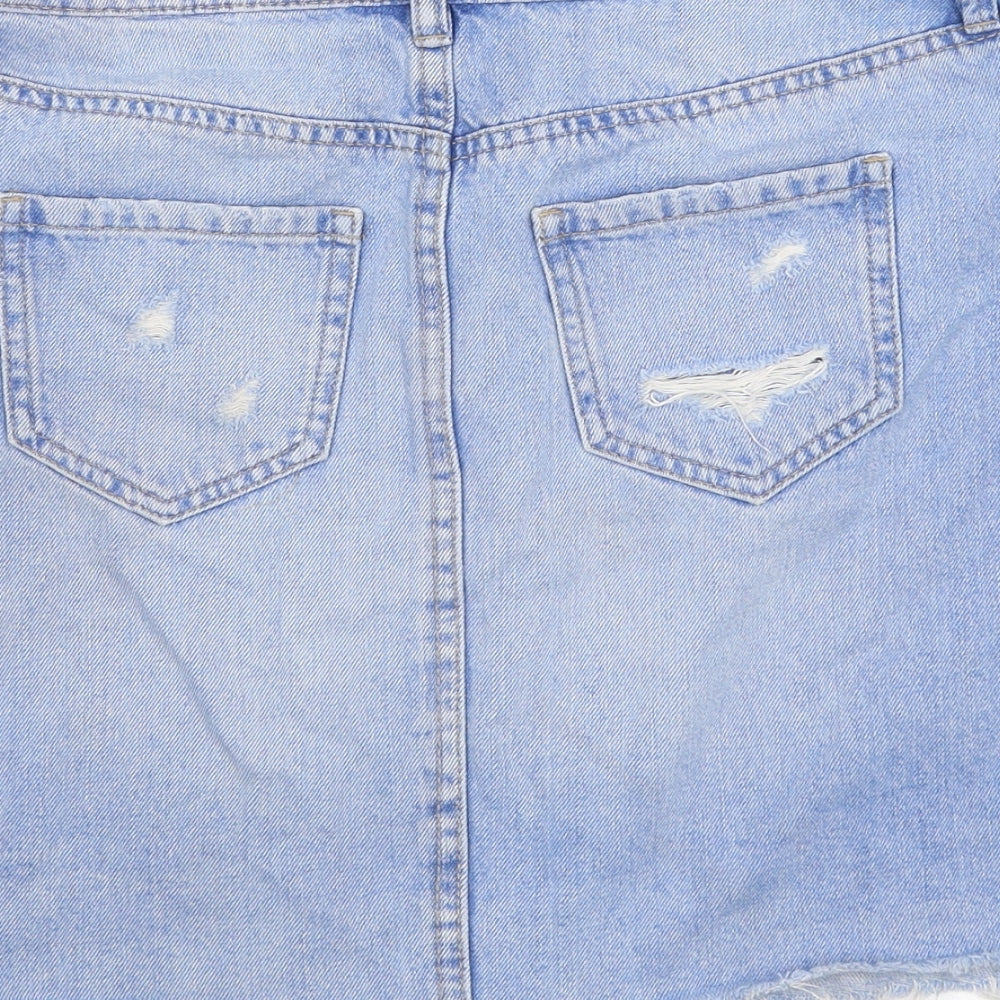 F&F Womens Blue Cotton A-Line Skirt Size 6 Zip - Distressed Look