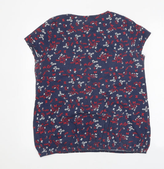 Authentic Womens Blue Floral Polyester Basic Blouse Size 16 V-Neck