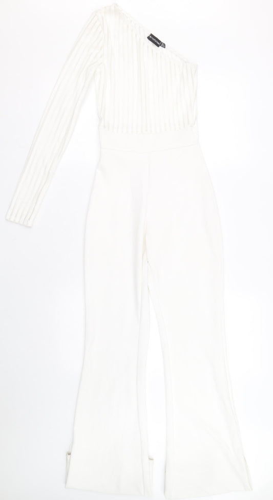 PRETTYLITTLETHING Womens White Striped Polyamide Jumpsuit One-Piece Size 4 Pullover