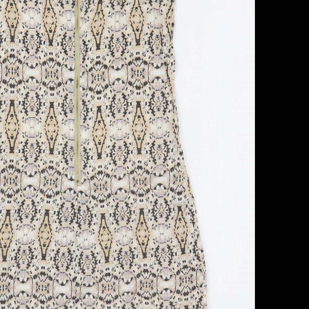 Cynthia Rowley Womens Beige Geometric Linen Mini Size 6 V-Neck Zip