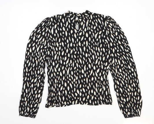 M&Co. Womens Black Geometric Viscose Basic Blouse Size 14 Mock Neck